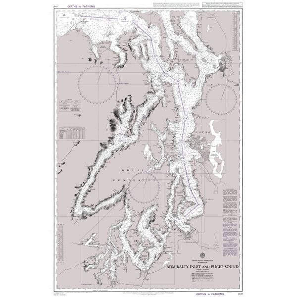 Product image of Admiralty Chart 1947 | Admiralty Inlet and Puget Sound, featuring navigational markings, depth soundings, and coastal features, essential for safe marine navigation. It could be displayed as an art piece or used for navigation on a boat or ship.