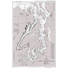 Product image of Admiralty Chart 1947 | Admiralty Inlet and Puget Sound, featuring navigational markings, depth soundings, and coastal features, essential for safe marine navigation. It could be displayed as an art piece or used for navigation on a boat or ship.