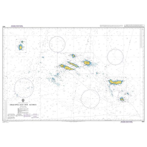 Product image of Admiralty Chart 1950 | Arquipelago dos Acores, featuring navigational markings, depth soundings, and coastal features, essential for safe marine navigation. It could be displayed as an art piece or used for navigation on a boat or ship.