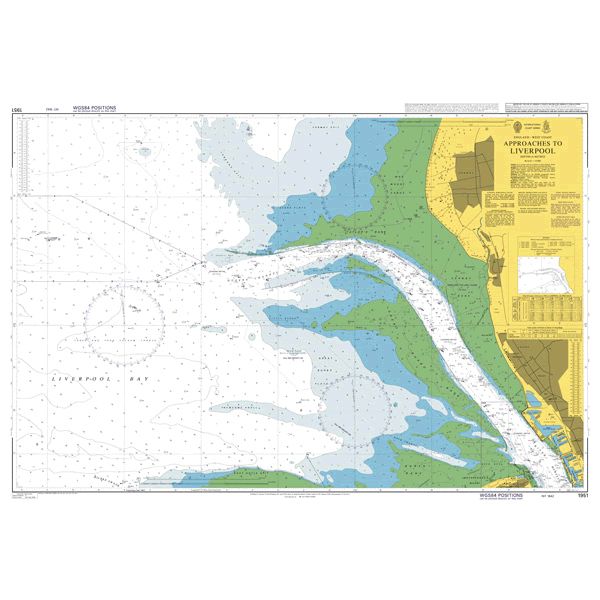 Product image of Admiralty Chart 1951 | Approaches to Liverpool, featuring navigational markings, depth soundings, and coastal features, essential for safe marine navigation. It could be displayed as an art piece or used for navigation on a boat or ship.