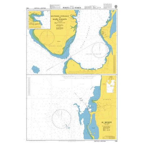 Product image of Admiralty Chart 1955 | Ports in the Yemen, featuring navigational markings, depth soundings, and coastal features, essential for safe marine navigation. It could be displayed as an art piece or used for navigation on a boat or ship.