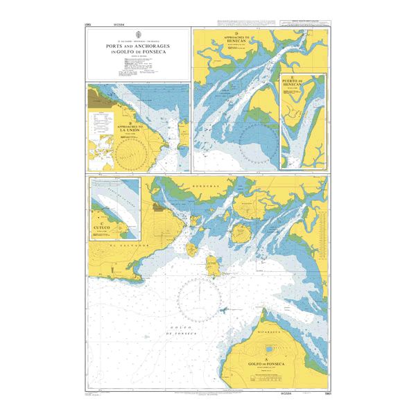 Product image of Admiralty Chart 1961 | Ports and Anchorages in Golfo de Fonseca, featuring navigational markings, depth soundings, and coastal features, essential for safe marine navigation. It could be displayed as an art piece or used for navigation on a boat or ship.