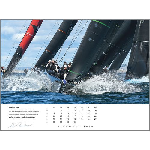 Dynamic sailing photography by Rick Tomlinson Photography captures sailboats racing on choppy water above the December 2026 page in the Rick Tomlinson Portfolio Calendar 2026.