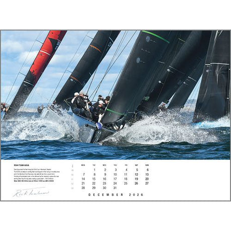 Dynamic sailing photography by Rick Tomlinson Photography captures sailboats racing on choppy water above the December 2026 page in the Rick Tomlinson Portfolio Calendar 2026.