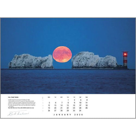 A large pink full moon rises between two sea stacks and a red-striped lighthouse, illuminating the calm ocean for the Rick Tomlinson Portfolio Calendar 2026 by Rick Tomlinson Photography, January.