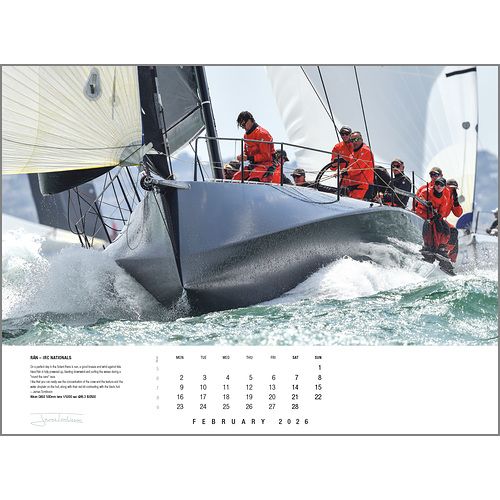 Sailors in red gear race a sleek boat through green waves in February’s feature of the Rick Tomlinson Portfolio Calendar 2026 by Rick Tomlinson Photography.