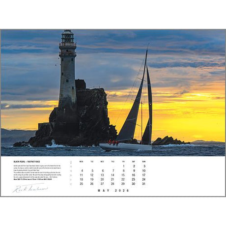 A sailboat glides past a lighthouse at sunset, under a glowing sky, featured for May 2026 in the Rick Tomlinson Portfolio Calendar 2026 by Rick Tomlinson Photography, shown below the image.