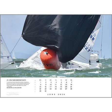 A dramatic sailing photo of two boats racing around an orange buoy on choppy water with a dark sail is featured as the June 2026 page in the Rick Tomlinson Portfolio Calendar 2026 by Rick Tomlinson Photography.