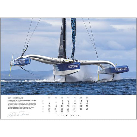 The Rick Tomlinson Portfolio Calendar 2026 by Rick Tomlinson Photography features Banque Populaire, a hydrofoiling trimaran sailing past a cloudy sky and distant coast—an ideal image for sailing fans. "July 2026" appears below the photo.