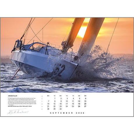 A sailboat races through sunset waves in this striking sailing photo featured for September in the Rick Tomlinson Portfolio Calendar 2026 by Rick Tomlinson Photography.