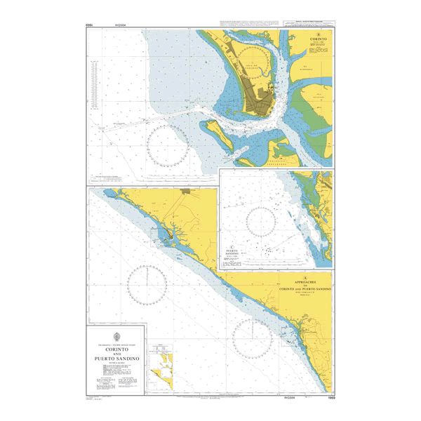 Product image of Admiralty Chart 1969 | Corinto and Puerto Sandino, featuring navigational markings, depth soundings, and coastal features, essential for safe marine navigation. It could be displayed as an art piece or used for navigation on a boat or ship.