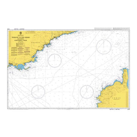 Product image of Admiralty Chart 1974 | Toulon to San Remo including Northern Corse, featuring navigational markings, depth soundings, and coastal features, essential for safe marine navigation. It could be displayed as an art piece or used for navigation on a boat or ship.