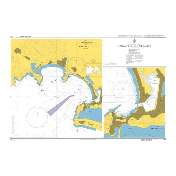 Product image of Admiralty Chart 1979 | Manzanillo and Approaches, featuring navigational markings, depth soundings, and coastal features, essential for safe marine navigation. It could be displayed as an art piece or used for navigation on a boat or ship.