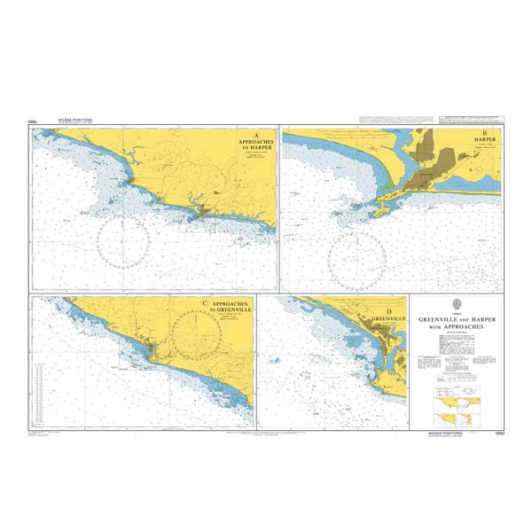 Product image of Admiralty Chart 1980 | Greenville and Harper with Approaches, featuring navigational markings, depth soundings, and coastal features, essential for safe marine navigation. It could be displayed as an art piece or used for navigation on a boat or ship.