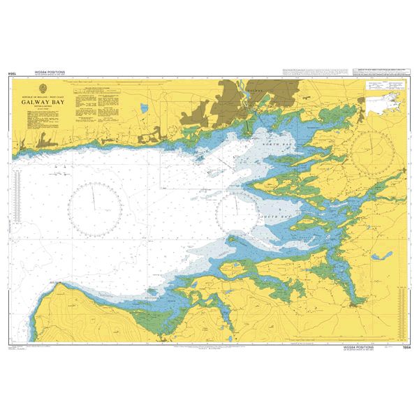 Product image of Admiralty Chart 1984 | Galway Bay, featuring navigational markings, depth soundings, and coastal features, essential for safe marine navigation. It could be displayed as an art piece or used for navigation on a boat or ship.