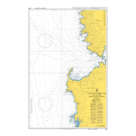 Product image of Admiralty Chart 1985 | Ajaccio to Oristano including Bonifacio Strait, featuring navigational markings, depth soundings, and coastal features, essential for safe marine navigation. It could be displayed as an art piece or used for navigation on a boat or ship.