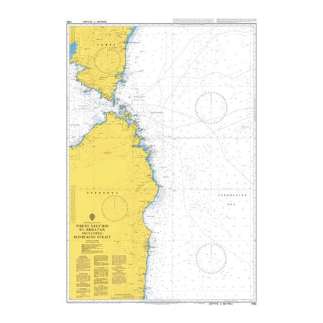 Product image of Admiralty Chart 1992 | Porto Vecchio to Arbatax including Bonifacio Strait, featuring navigational markings, depth soundings, and coastal features, essential for safe marine navigation. It could be displayed as an art piece or used for navigation on a boat or ship.