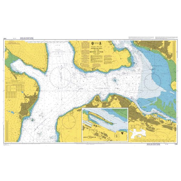 Product image of Admiralty Chart 1994 | Approaches to the River Clyde, featuring navigational markings, depth soundings, and coastal features, essential for safe marine navigation. It could be displayed as an art piece or used for navigation on a boat or ship.