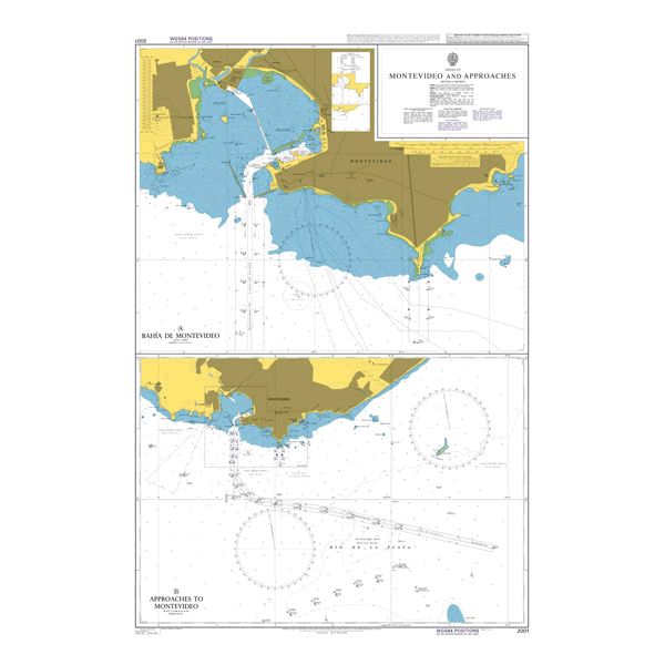 Product image of Admiralty Chart 2001 | Montevideo and Approaches, featuring navigational markings, depth soundings, and coastal features, essential for safe marine navigation. It could be displayed as an art piece or used for navigation on a boat or ship.