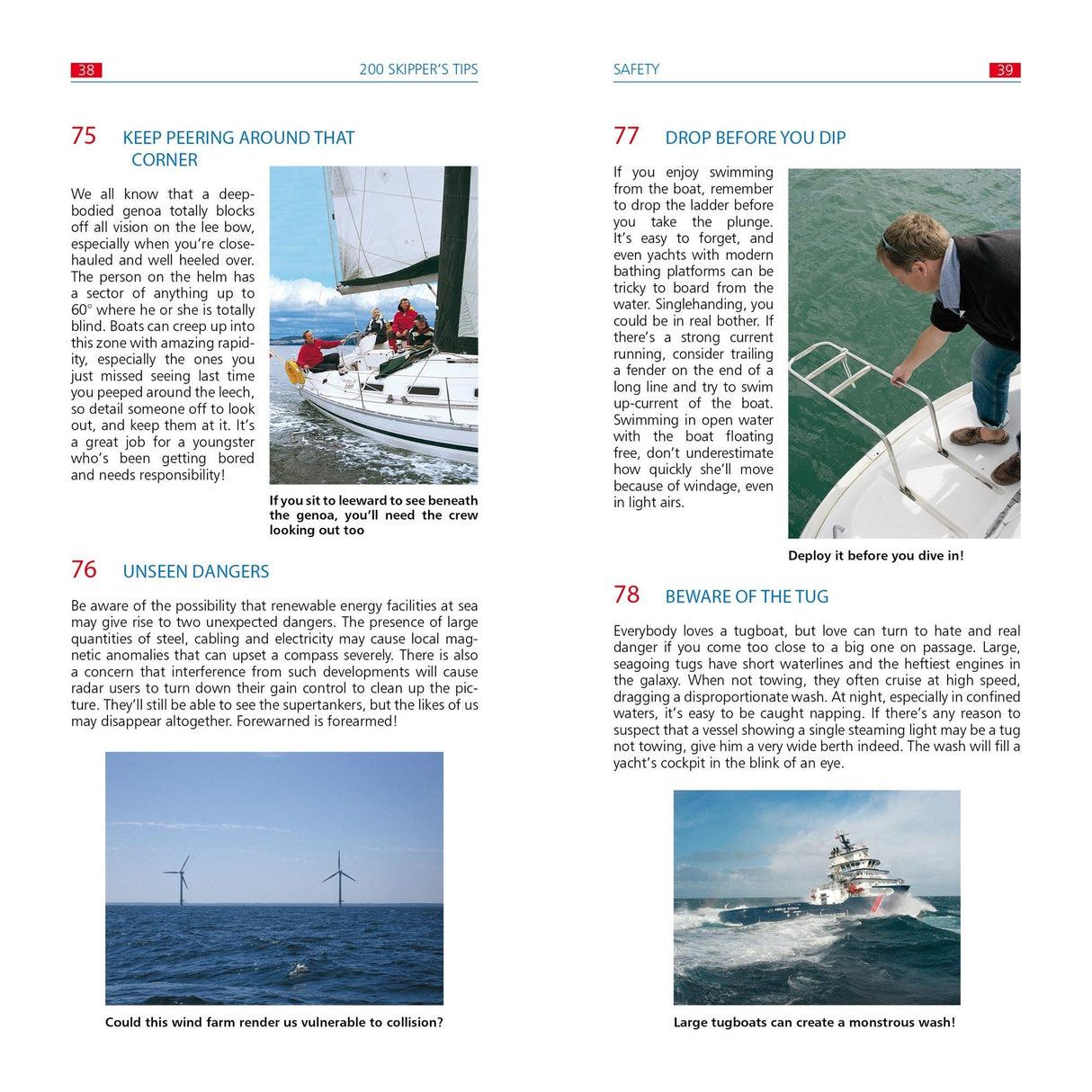 Check out this page for boating safety tips, showcasing a sailboat heeling over, offshore wind turbines, and a tugboat's large wake. With insights from Fernhurst Books' "200 Skipper's Tips" and advice by Tom Cunliffe, master navigating ship dangers, safe water entry, and managing tugboat wakes.