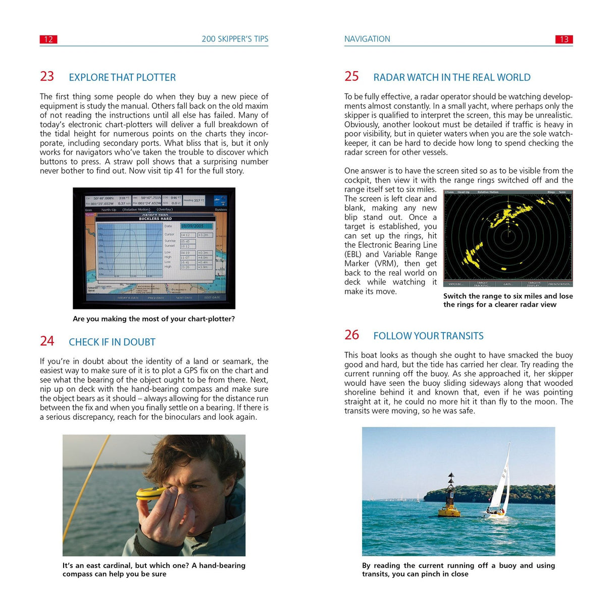 A page from Fernhurst Books' "200 Skipper's Tips" by Tom Cunliffe provides sailing advice: 23. Explore the Plotter, 24. Check if in Doubt, 25. Radar Watch in the Real World, 26. Follow your Transits, with text, diagrams, images, and a sailor using binoculars near a sailboat.