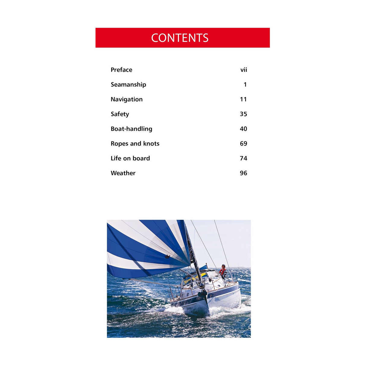 The "200 Skipper's Tips" by Fernhurst Books includes a contents page with chapters such as Preface, Seamanship, Navigation, Safety, Ropes and Knots, Life on Board, and Weather. Below this lies an image of a sailboat with a blue and white sail navigating the ocean.