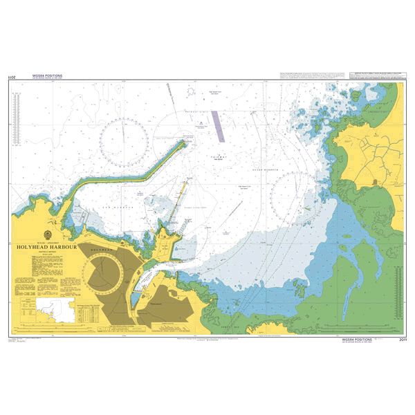 Product image of Admiralty Chart 2011 | Holyhead Harbour, featuring navigational markings, depth soundings, and coastal features, essential for safe marine navigation. It could be displayed as an art piece or used for navigation on a boat or ship.