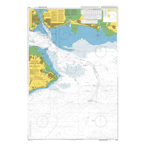 Product image of Admiralty Chart 2037 | Eastern Approaches to The Solent, featuring navigational markings, depth soundings, and coastal features, essential for safe marine navigation. It could be displayed as an art piece or used for navigation on a boat or ship.