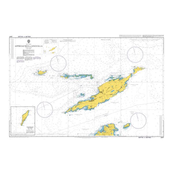 Product image of Admiralty Chart 2047 | Approaches to Anguilla, featuring navigational markings, depth soundings, and coastal features, essential for safe marine navigation. It could be displayed as an art piece or used for navigation on a boat or ship.