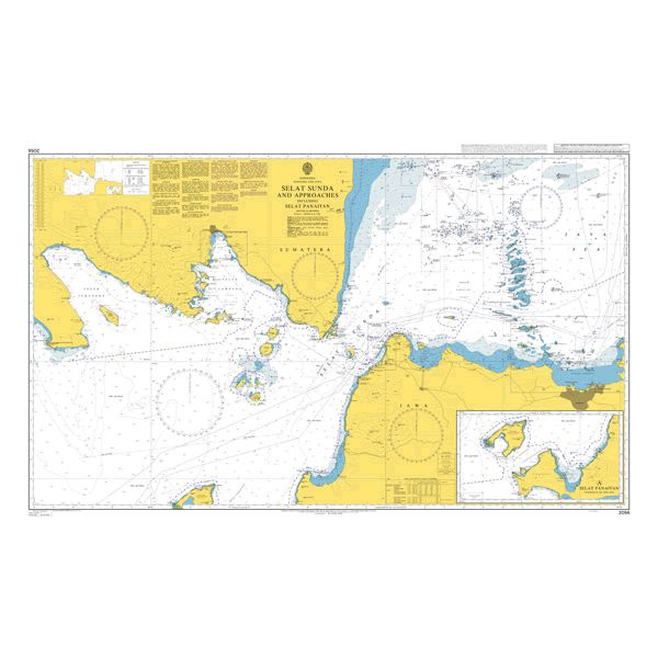 Product image of Admiralty Chart 2056 | Selat Sunda and Approaches including Selat Panaitan, featuring navigational markings, depth soundings, and coastal features, essential for safe marine navigation. It could be displayed as an art piece or used for navigation on a boat or ship.