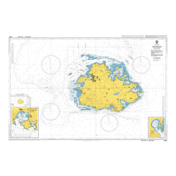 Product image of Admiralty Chart 2064 | Antigua, featuring navigational markings, depth soundings, and coastal features, essential for safe marine navigation. It could be displayed as an art piece or used for navigation on a boat or ship.