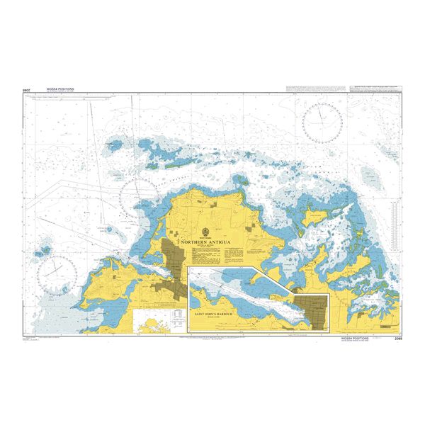 Product image of Admiralty Chart 2065 | Northern Antigua, featuring navigational markings, depth soundings, and coastal features, essential for safe marine navigation. It could be displayed as an art piece or used for navigation on a boat or ship.