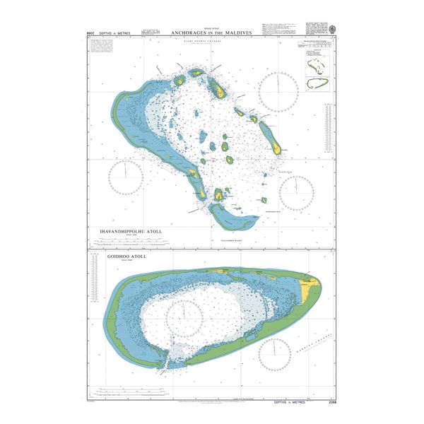 Product image of Admiralty Chart 2068 | Anchorages in the Maldives, featuring navigational markings, depth soundings, and coastal features, essential for safe marine navigation. It could be displayed as an art piece or used for navigation on a boat or ship.