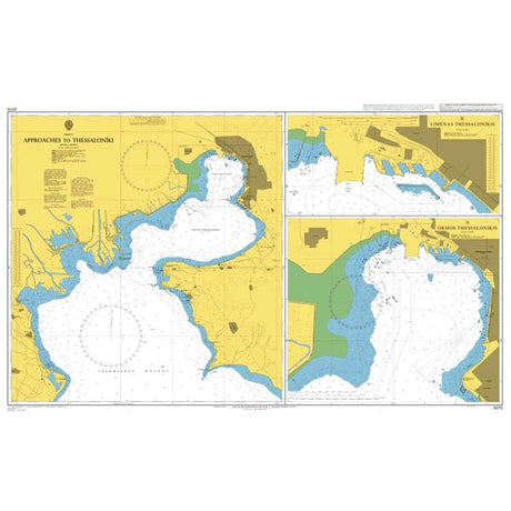 Product image of Admiralty Chart 2070 | Approaches to Thessaloniki, featuring navigational markings, depth soundings, and coastal features, essential for safe marine navigation. It could be displayed as an art piece or used for navigation on a boat or ship.