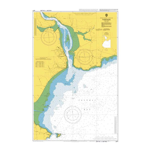 Product image of Admiralty Chart 2071 | Youghal, featuring navigational markings, depth soundings, and coastal features, essential for safe marine navigation. It could be displayed as an art piece or used for navigation on a boat or ship.