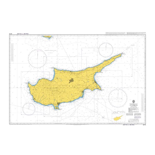 Product image of Admiralty Chart 2074 | Cyprus, featuring navigational markings, depth soundings, and coastal features, essential for safe marine navigation. It could be displayed as an art piece or used for navigation on a boat or ship.