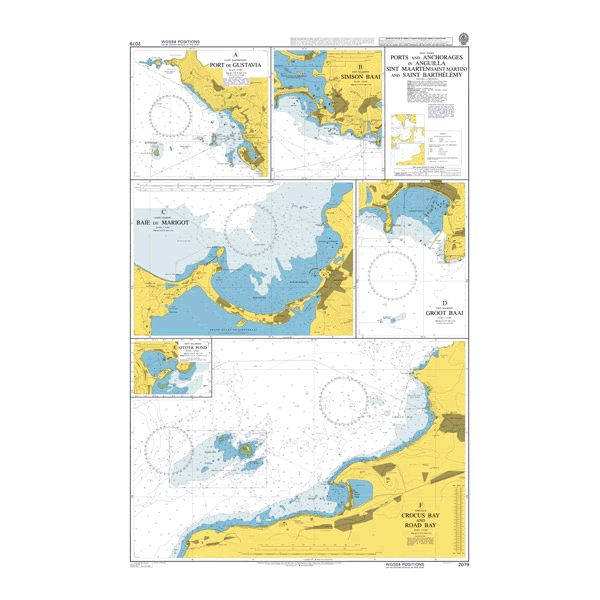 Product image of Admiralty Chart 2079 | Ports and Anchorages in Anguilla, Sint Maarten (Saint Martin) and Saint Barthelemy, featuring navigational markings, depth soundings, and coastal features, essential for safe marine navigation. It could be displayed as an art piece or used for navigation on a boat or ship.