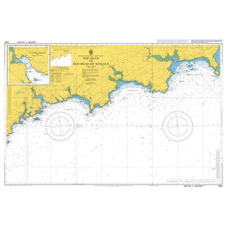 Product image of Admiralty Chart 2092 | Toe Head to Old Head of Kinsale, featuring navigational markings, depth soundings, and coastal features, essential for safe marine navigation. It could be displayed as an art piece or used for navigation on a boat or ship.