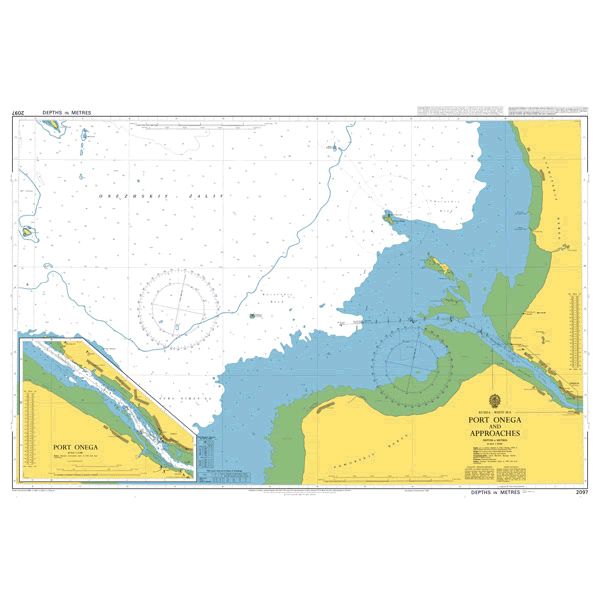 Product image of Admiralty Chart 2097 | Port Onega and Approaches, featuring navigational markings, depth soundings, and coastal features, essential for safe marine navigation. It could be displayed as an art piece or used for navigation on a boat or ship.