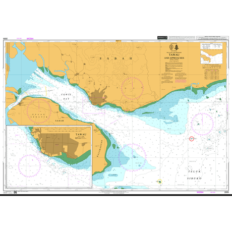 Product image of Admiralty Chart 2099 | Tawau and Approaches, featuring navigational markings, depth soundings, and coastal features, essential for safe marine navigation. It could be displayed as an art piece or used for navigation on a boat or ship.