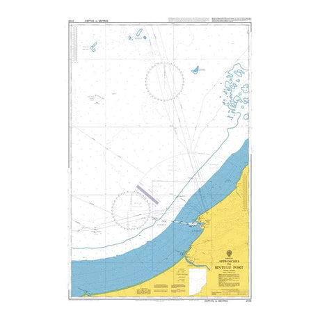 Product image of Admiralty Chart 2100 | Approaches to Bintulu Port, featuring navigational markings, depth soundings, and coastal features, essential for safe marine navigation. It could be displayed as an art piece or used for navigation on a boat or ship.