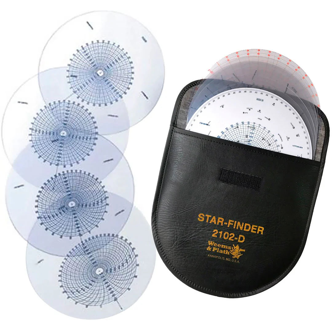 The Weems & Plath Star Finder 2102-D is a set of transparent circular charts for star identification and celestial navigation, featuring grids and labeled constellations, all stored in a black leather pouch.