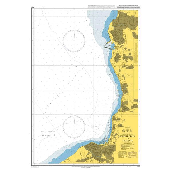 Product image of Admiralty Chart 2104 | Iskenderun to Yakacik, featuring navigational markings, depth soundings, and coastal features, essential for safe marine navigation. It could be displayed as an art piece or used for navigation on a boat or ship.