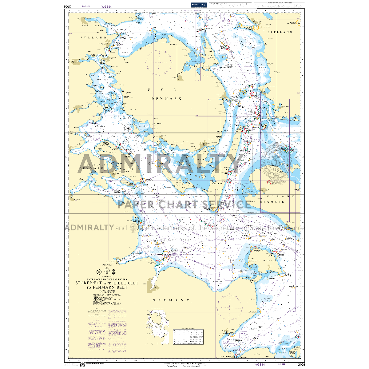 Product image of Admiralty Chart 2106 | Storebaelt and Lillebaelt to Fehmarn Belt, featuring navigational markings, depth soundings, and coastal features, essential for safe marine navigation. It could be displayed as an art piece or used for navigation on a boat or ship.