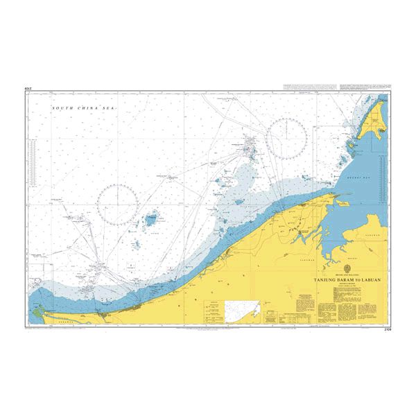 Product image of Admiralty Chart 2109 | Tanjung Baram to Labuan, featuring navigational markings, depth soundings, and coastal features, essential for safe marine navigation. It could be displayed as an art piece or used for navigation on a boat or ship.