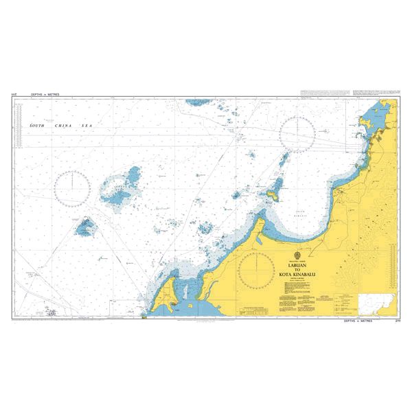 Product image of Admiralty Chart 2111 | Labuan to Kota Kinabalu, featuring navigational markings, depth soundings, and coastal features, essential for safe marine navigation. It could be displayed as an art piece or used for navigation on a boat or ship.