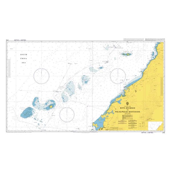 Product image of Admiralty Chart 2112 | Kota Kinabalu to Pulau-Pulau Mantanani, featuring navigational markings, depth soundings, and coastal features, essential for safe marine navigation. It could be displayed as an art piece or used for navigation on a boat or ship.