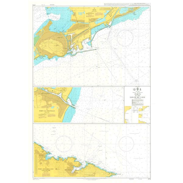 Product image of Admiralty Chart 2114 | Ports in the Golfe du Lion, featuring navigational markings, depth soundings, and coastal features, essential for safe marine navigation. It could be displayed as an art piece or used for navigation on a boat or ship.