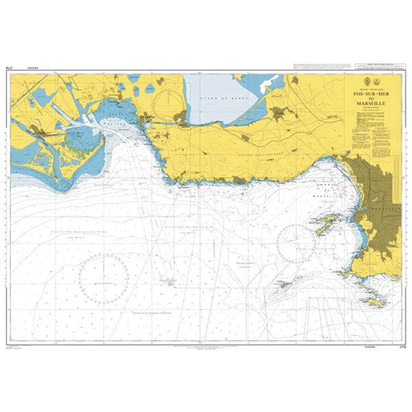 Product image of Admiralty Chart 2116 | Fos-Sur-Mer to Marseille, featuring navigational markings, depth soundings, and coastal features, essential for safe marine navigation. It could be displayed as an art piece or used for navigation on a boat or ship.