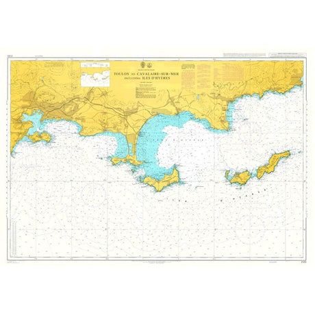 Product image of Admiralty Chart 2120 | Toulon to Cavalaire-Sur-Mer including Iles d'Hyeres, featuring navigational markings, depth soundings, and coastal features, essential for safe marine navigation. It could be displayed as an art piece or used for navigation on a boat or ship.